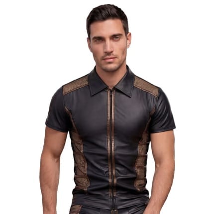 Λεπτομέρεια ανδρικού Shirt NEK με μπρονζέ φερμουάρ και net inserts